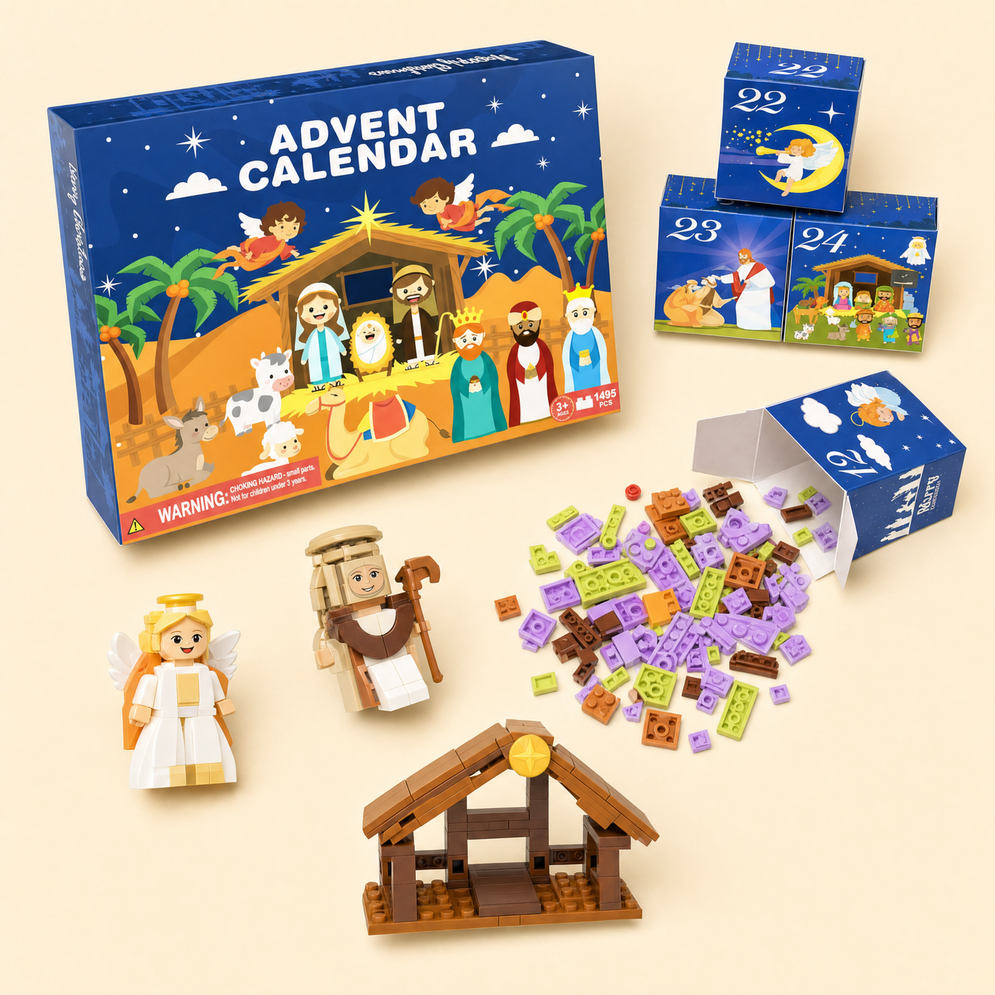 Holy Advent Calendar opened with daily boxes and building bricks