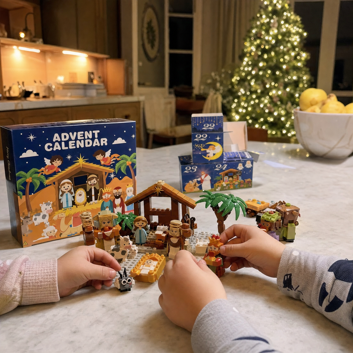 Children placing the final wise man figure into the nativity scene