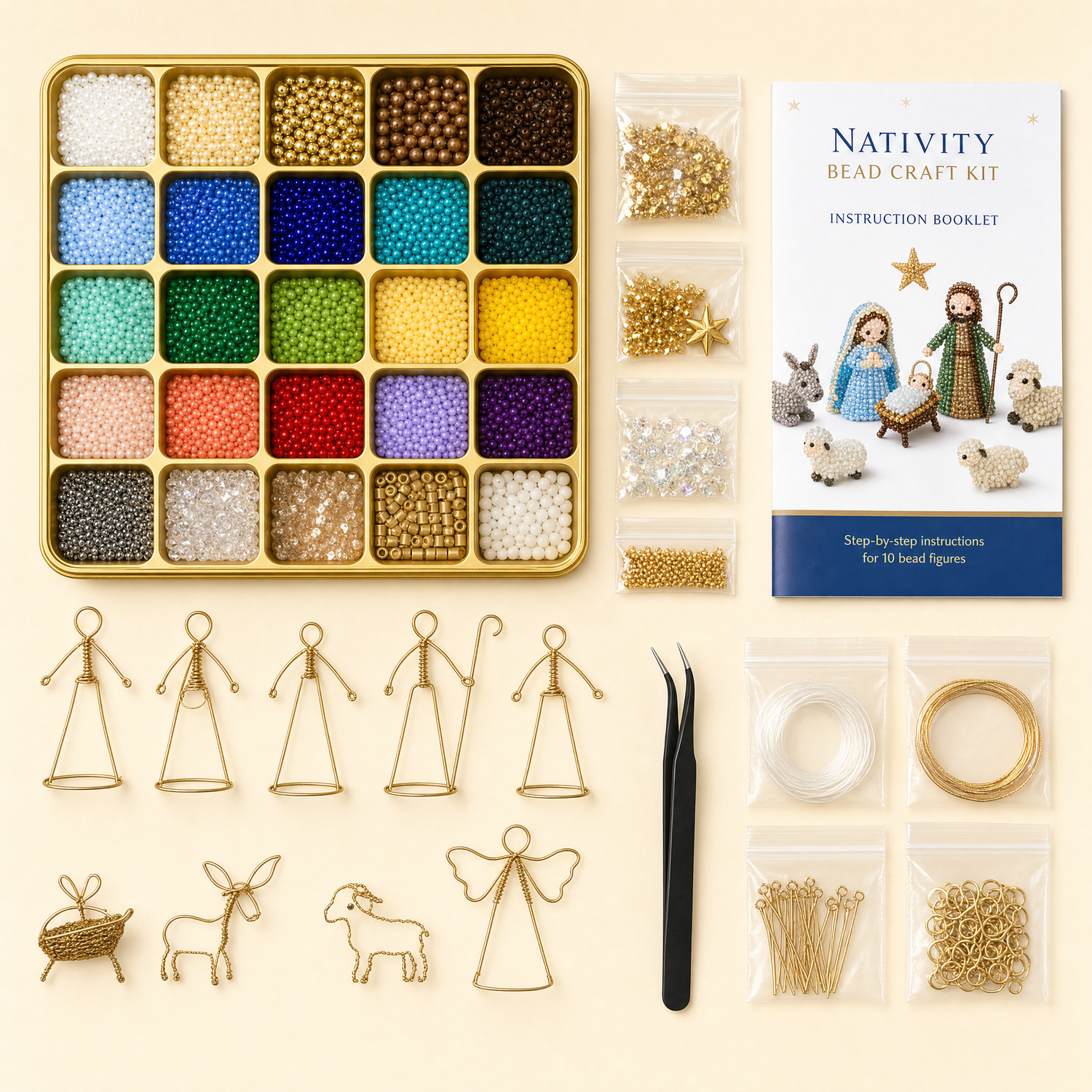 Nativity kit contents flat lay - beads, wire, tweezers, instructions