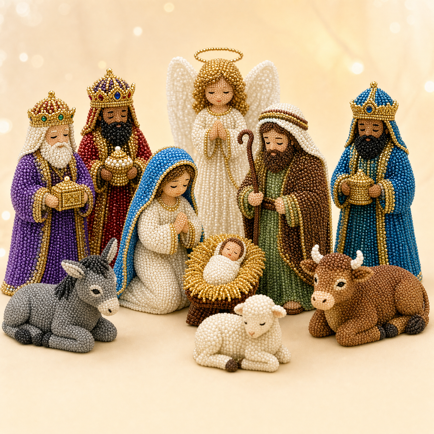 Complete finished nativity scene - Holy Family, angel, wise men, and animals