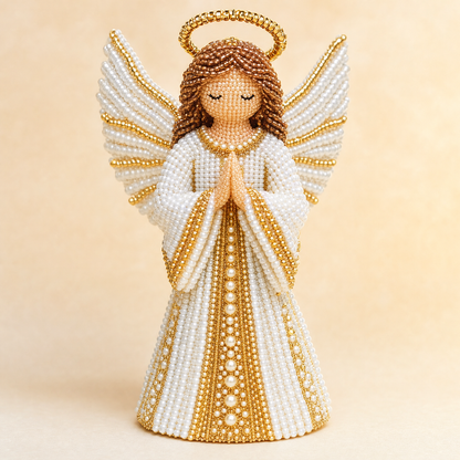 Macro detail of finished beaded angel figurine